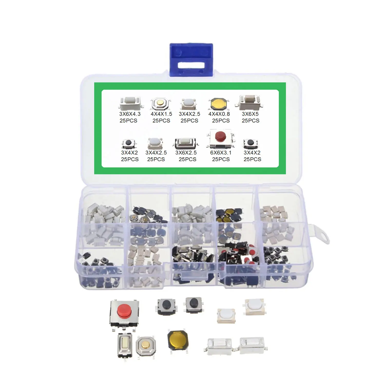 250PCS=10 kinds  light touch small key switch Micro switch 2*4 3*6 4*4 6*6 button switch box