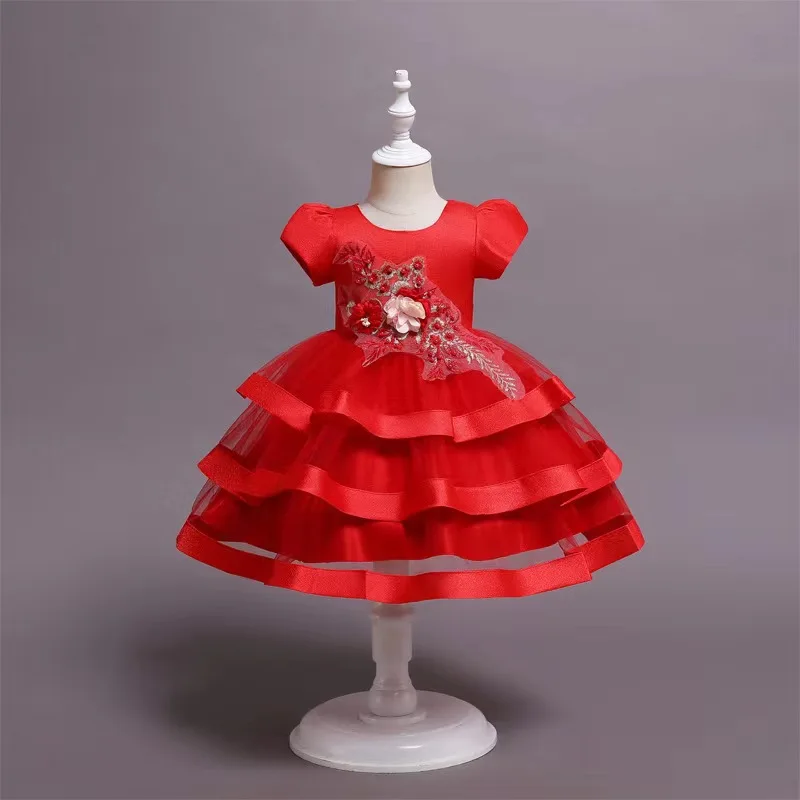 summer 2 Years Kids Evening Wear Dress Red Gauze Tulle Split Hem dress Baby Girl Birthday Party Dress for baby
