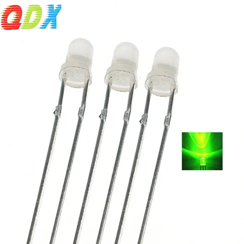 Заводская распродажа, низкое энергопотребление, 3 мм, белые волосы, зеленые, круглые прямые вставки, 3 мм, светодиодные лампы 1000 шт./упаковка