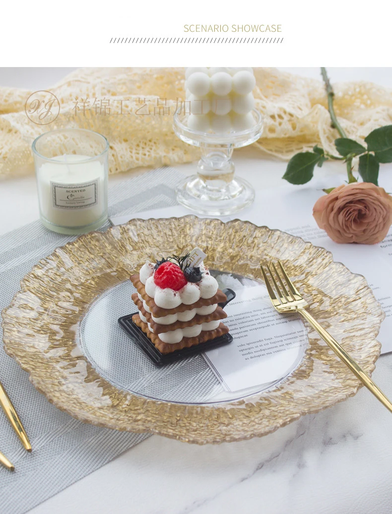 XiangJin 330mm Gold Fancy Rim Glass plastic Charger Plates Wedding Wholesale Western Steak Pad Table Chargers Plates Wedding