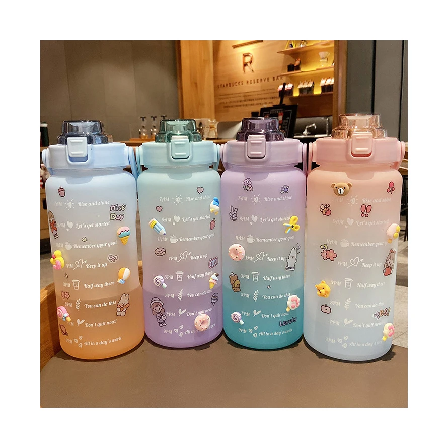 Wholesale Sport Motivational Water Bottle, Plastic Gradient 2L Water Bottle With Time Marker With Straw