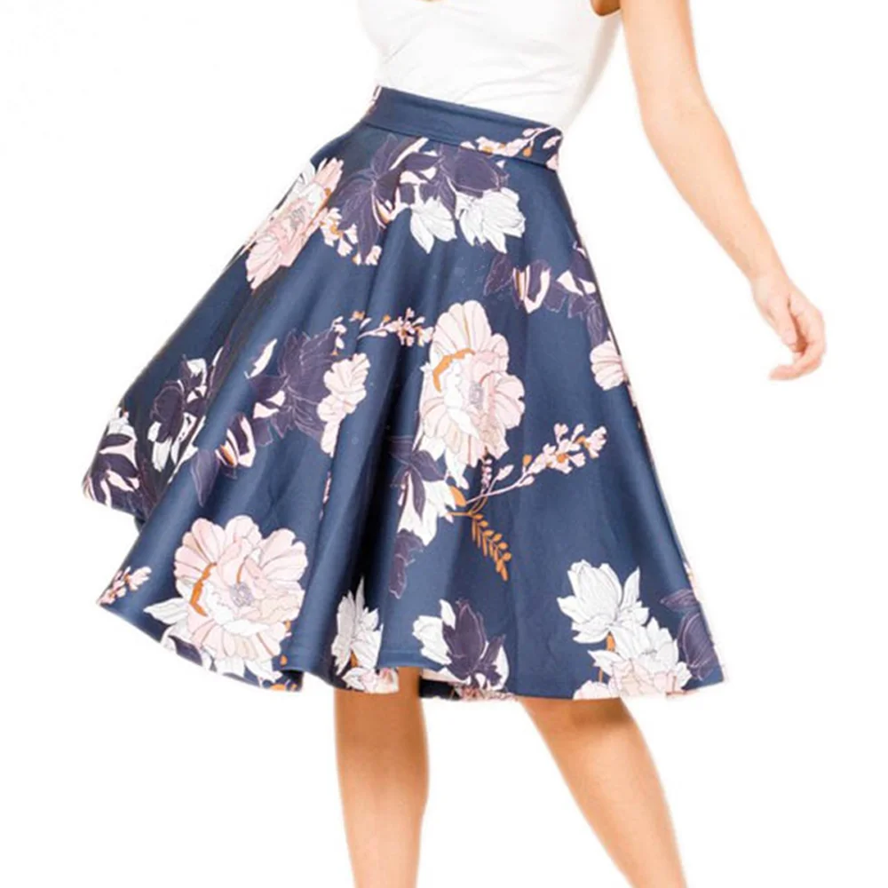 European And American Fashion Custom Women Elegant Navy Floral Midi Skirts
