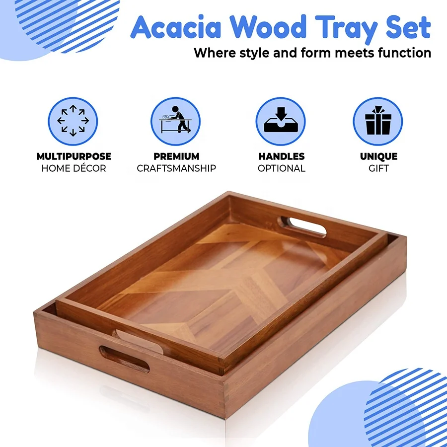 Luxury wholesale premium wood serv tray plate 2 pcs wooden serving tray set with handles