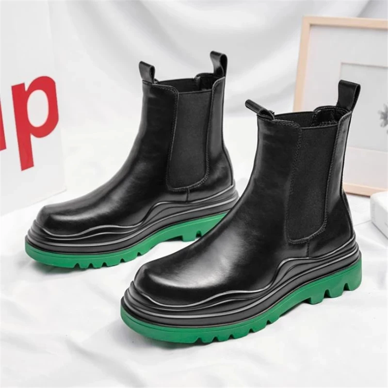 Luxury Design Chunky Split Leather Ankle Boots Male Footwear Round Toe Short Mens Platform Chelsea Martins Boots Shoes