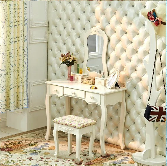 European 5 drawer bedroom vanity table wooden makeup mirrored dressing table with mirror and stool