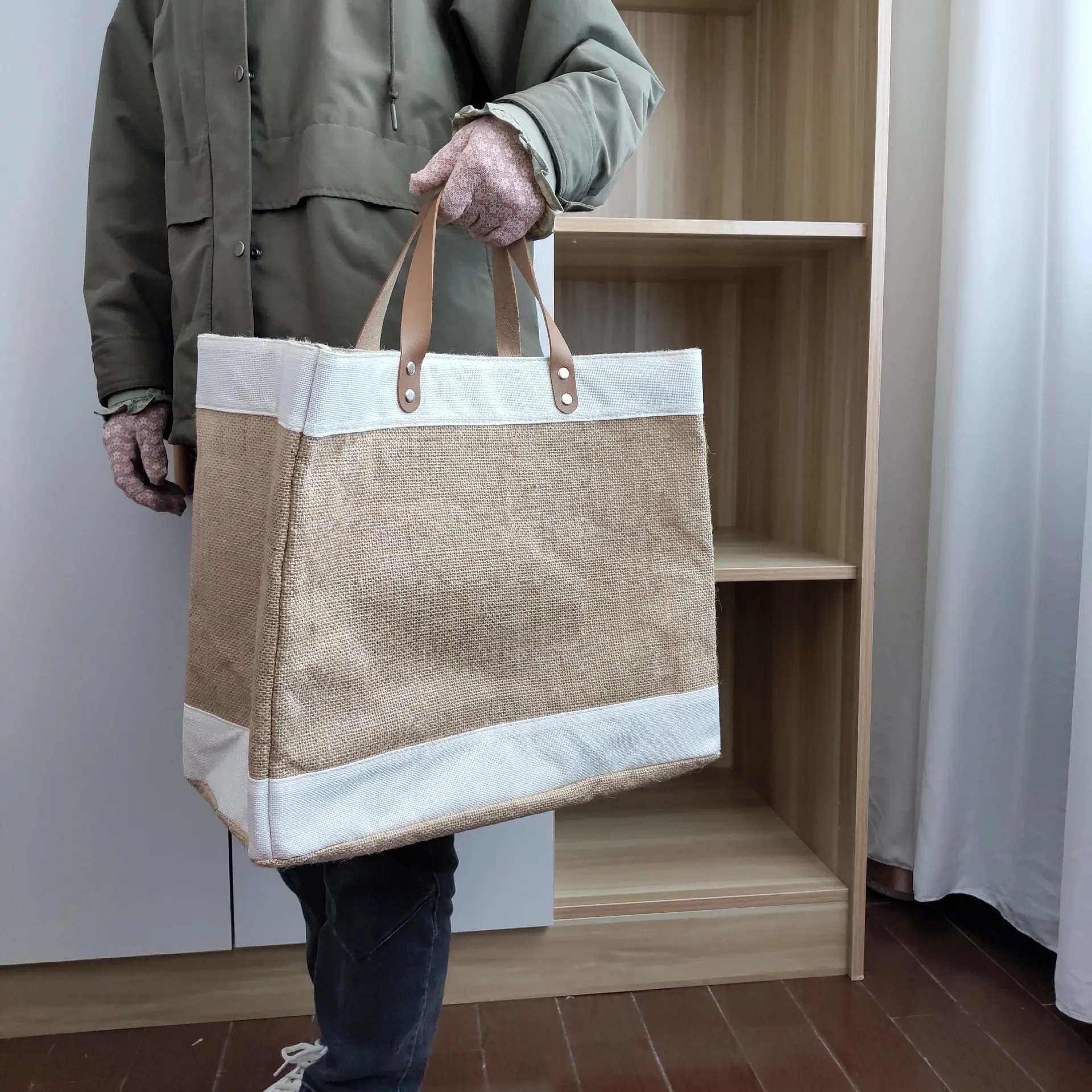 Eco customized brand logo PU leather handle plain blank linen burlap jute shopping tote bag