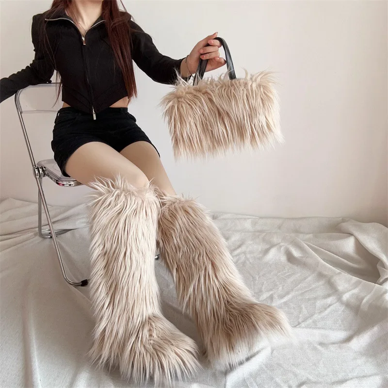 BUSY GIRL RS4807 fur boots with purse set white purple faux mongolian lamb ladies winter boots flat knee furry boots and bags