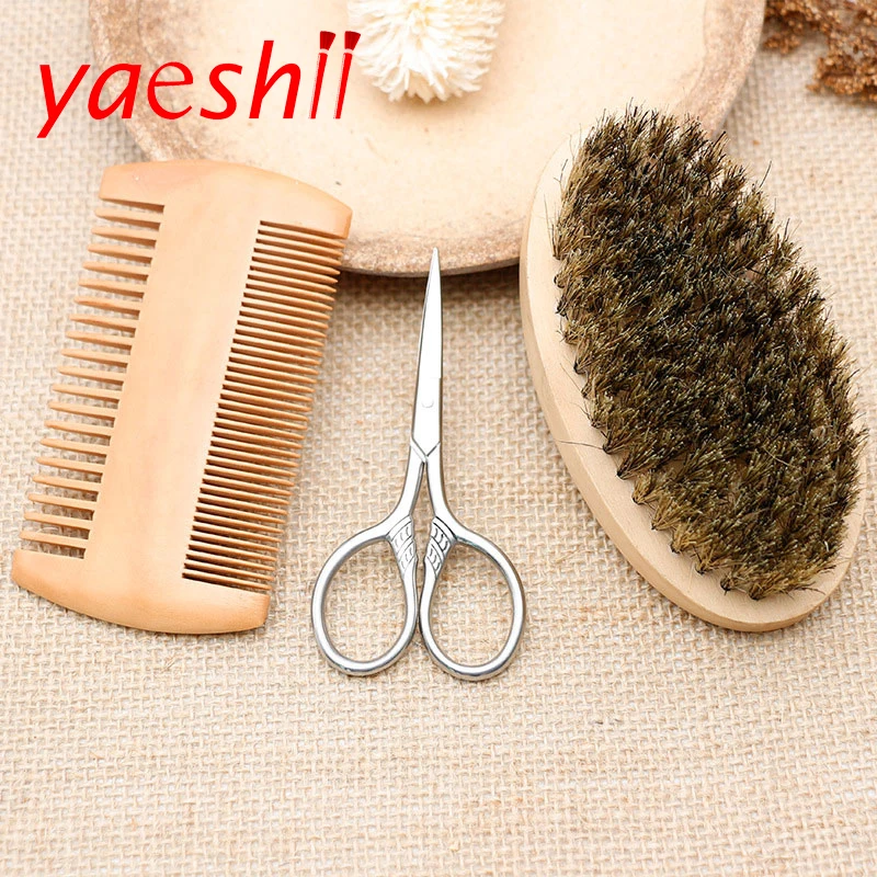Yaeshii 3Pcs/set Beard Brush Kit Set beard comb brush Boar Bristle Shaving beard brush wooden