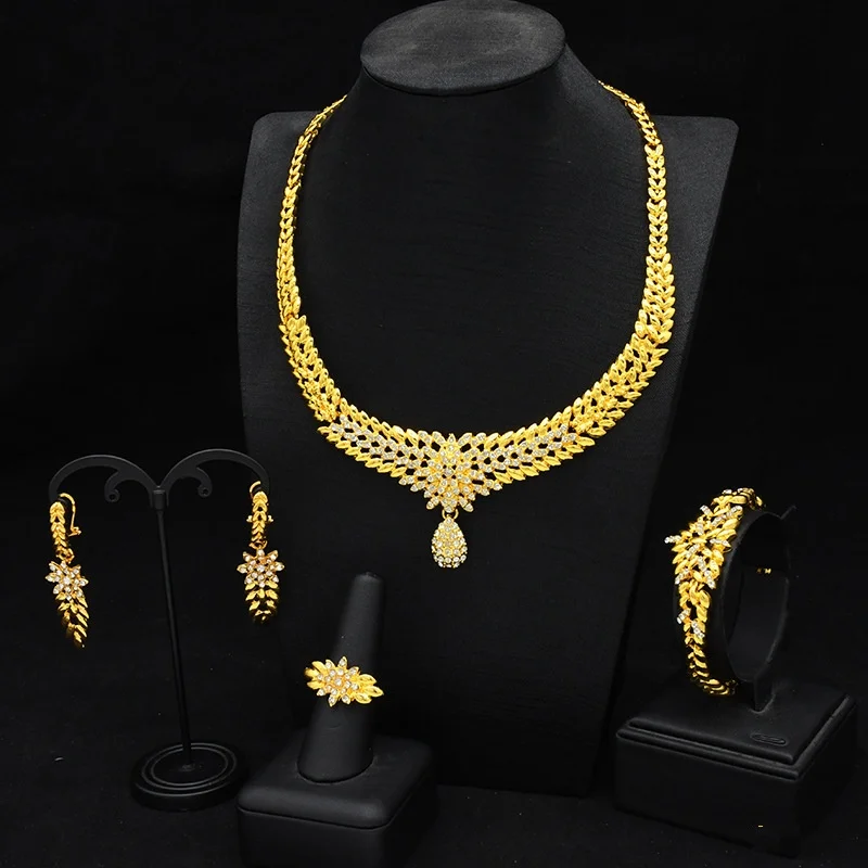 Wholesale Middle East Bridal Wedding Dubai 24k Gold Plated Jewelry Sets Bracelet Earrings Ring Necklace Jewelry Set For Woman