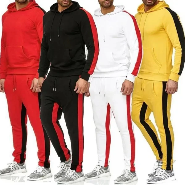 Active Male  2 Piece  Full Zip Winter Sports Jogging Suits  Athletic Tracksuits Running Sweatsuits With Hood