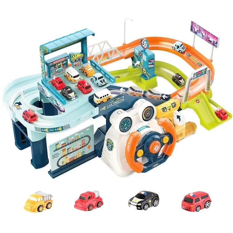 Hot Selling Kids Race Tracks Slot Toys 2 In 1 Urban Rail Track Toys Musical Steering Wheel Race Track Toys With Lighting,Music