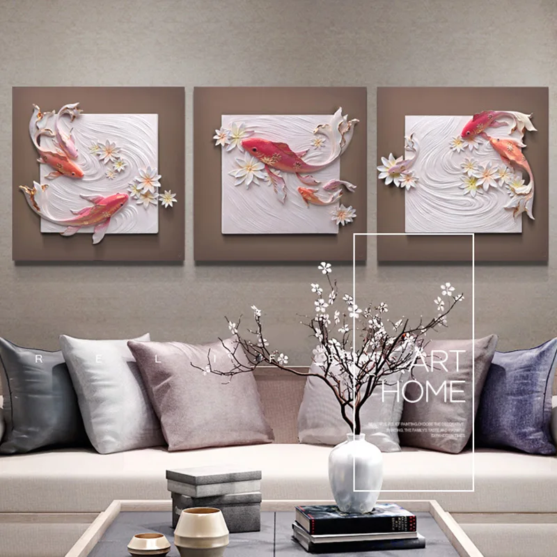Relife Hotsale 100% Handmade 60x60 Koi Fish Painting 3d Wall Panels Painting Home Decoration