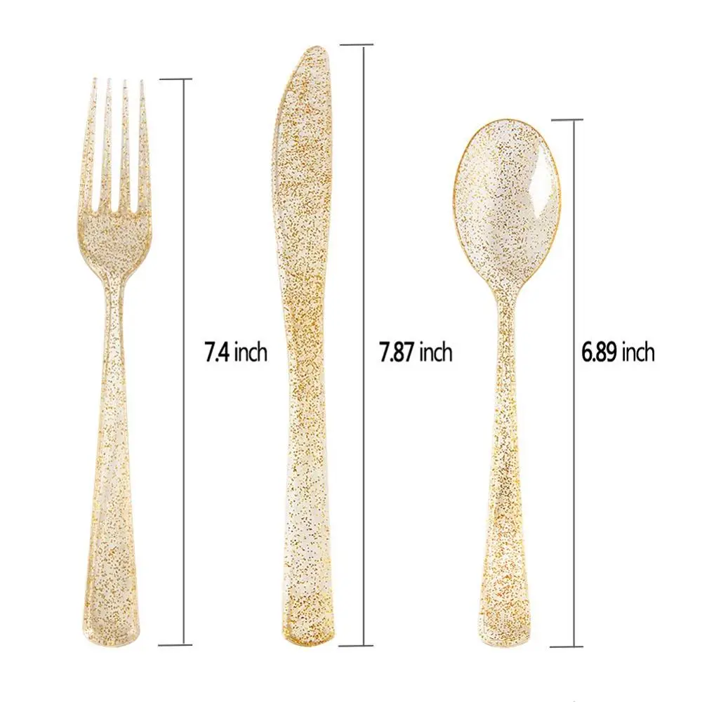 Gold Glitter Plastic Plates with Disposable Silverware, Cups Dinnerware sets for Wedding Parties
