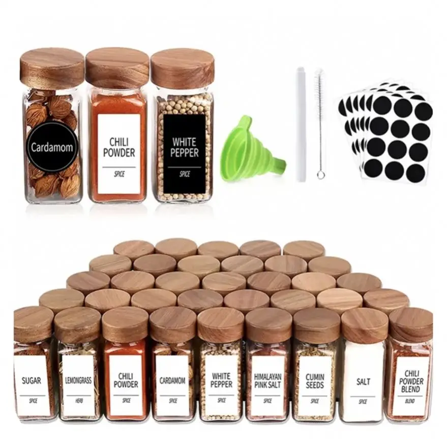 Glass Bamboo Wooden Lid Shaker Lids and White Labels Sticker 120ml 4oz Square 24 Pcs Glass Spice Jars Bottles Set