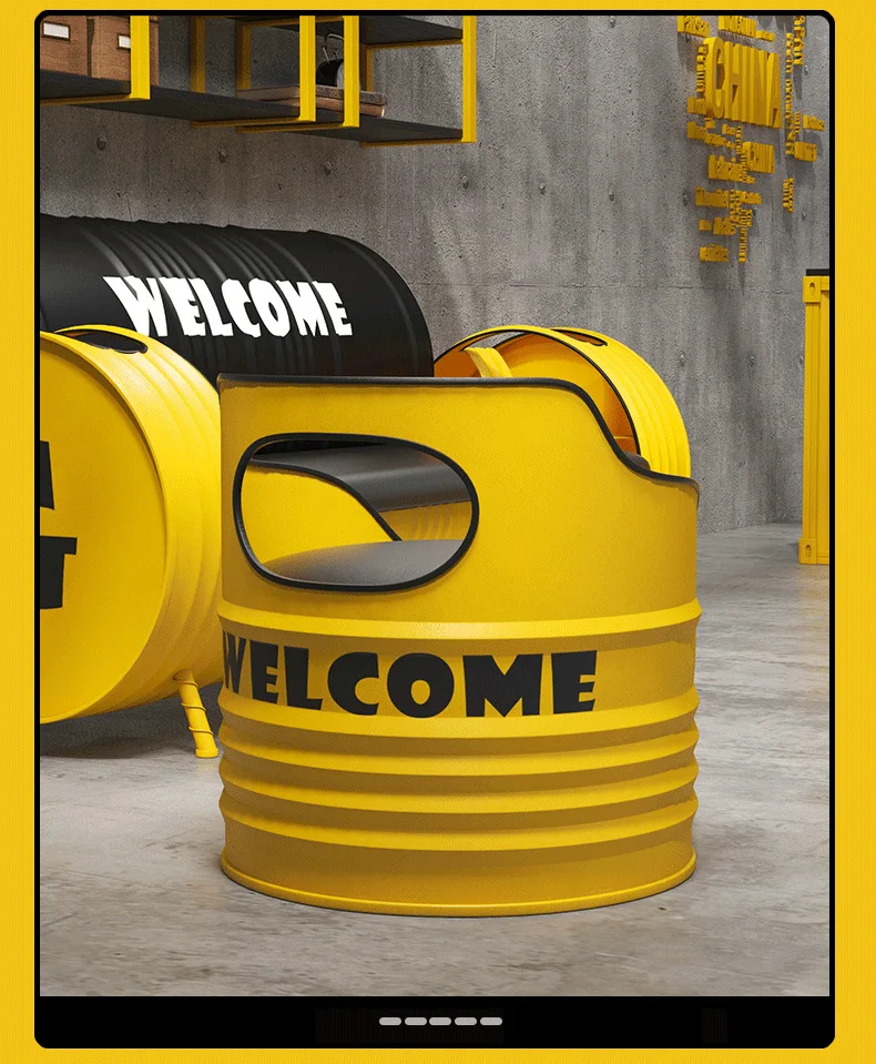 Retro iron oil barrel outdoor restaurant bench metal outdoor leather sofa industrial metal dining accent leather chair