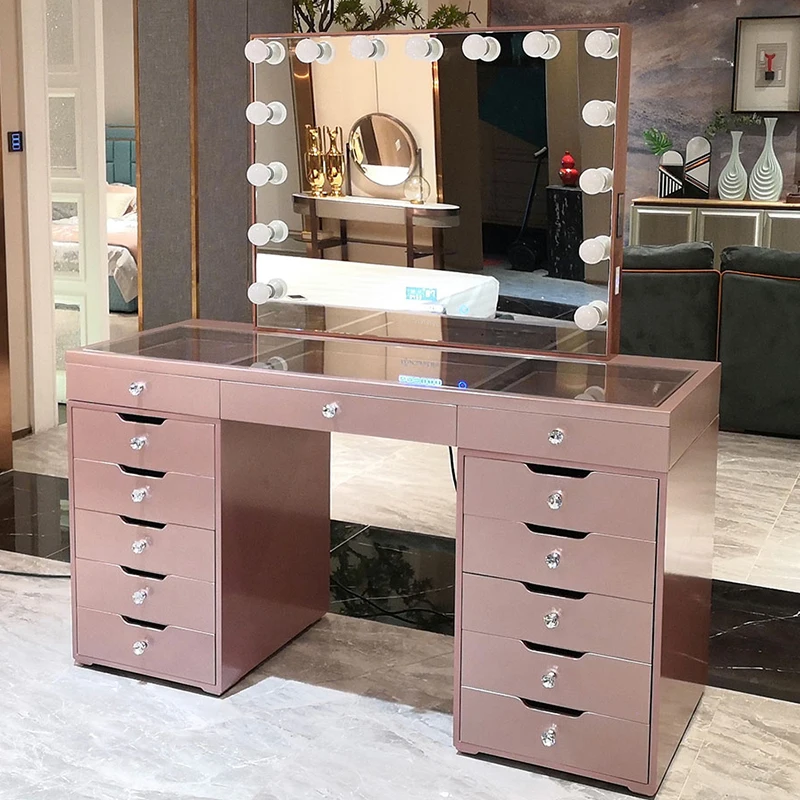 Wedding Beauty Shop Pink Wooden Drawer Makeup Chest with Bulb Vanity Mirror Clear Table Top Lots of Storage for Makeup Table