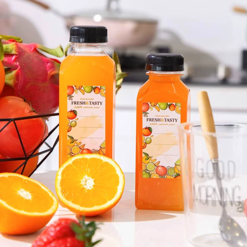 250ml 350ml 500ml PET customized Square shape Transparent PET Plassoft drinks plastic juice bottle empty bottle with cap