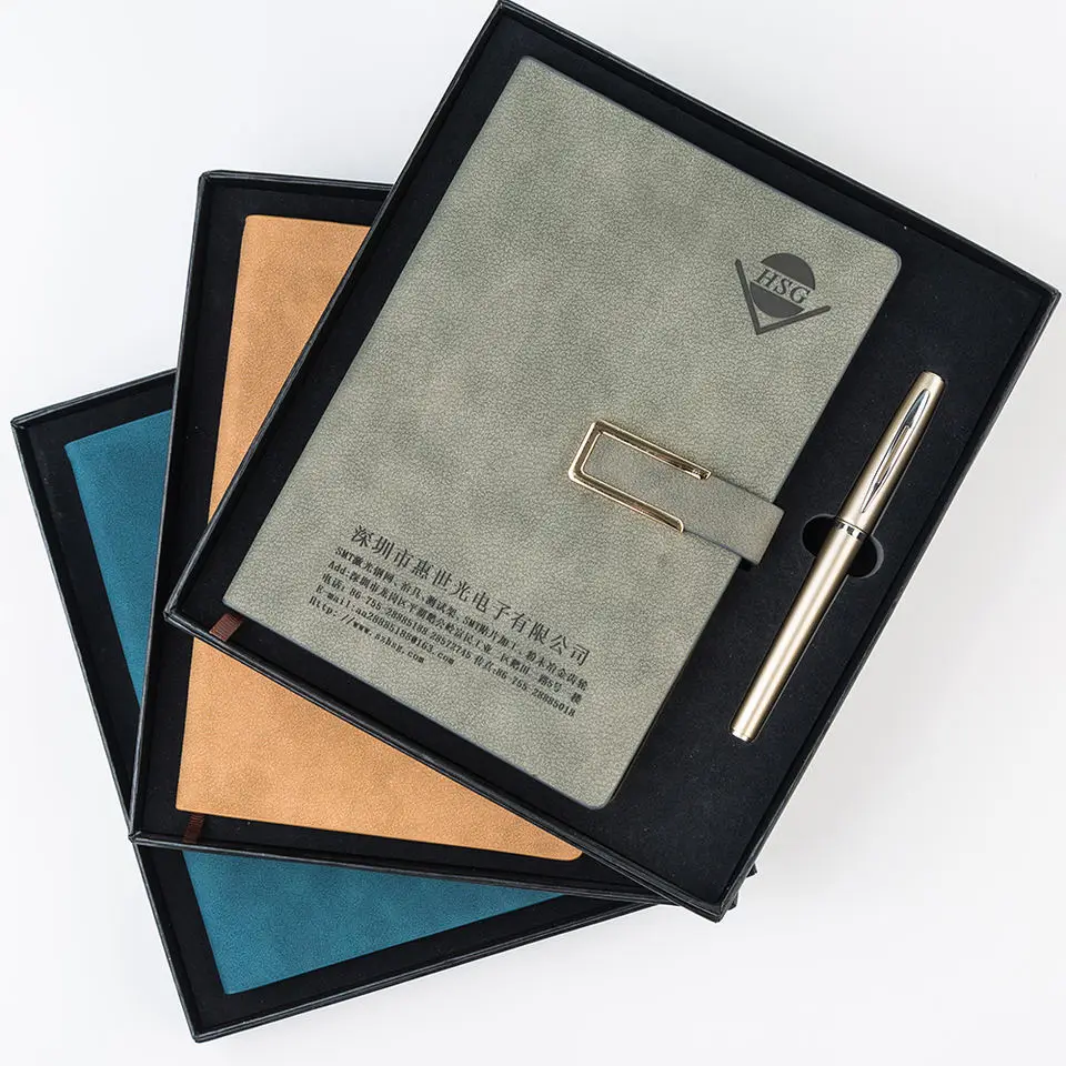 Low Price Wholesale Custom Leather Notebook And Men Gift Set In Gift Box With Elastic Band Metal Pen