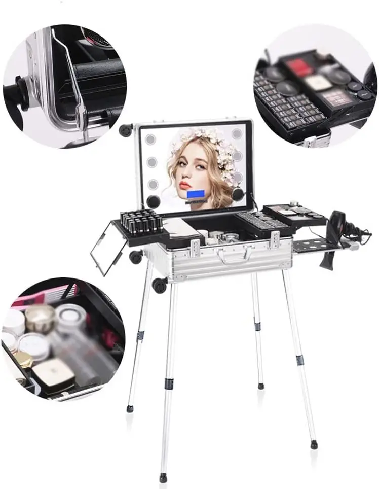 Makeup Trolley Case LED Light Mirror Case Silver Suitcase Folding Table Bag Aluminum Rolling Makeup Case