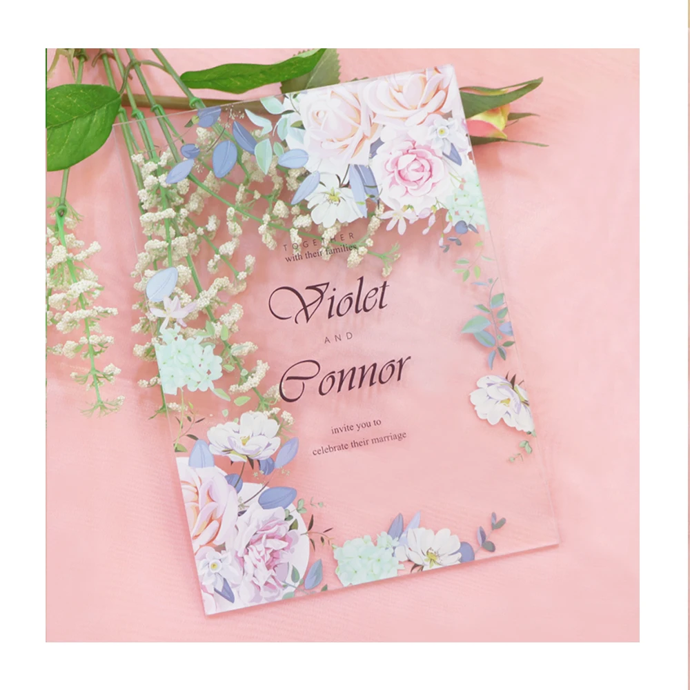 Transparent custom gold foil silkscreen flower acrylic wedding invitations card