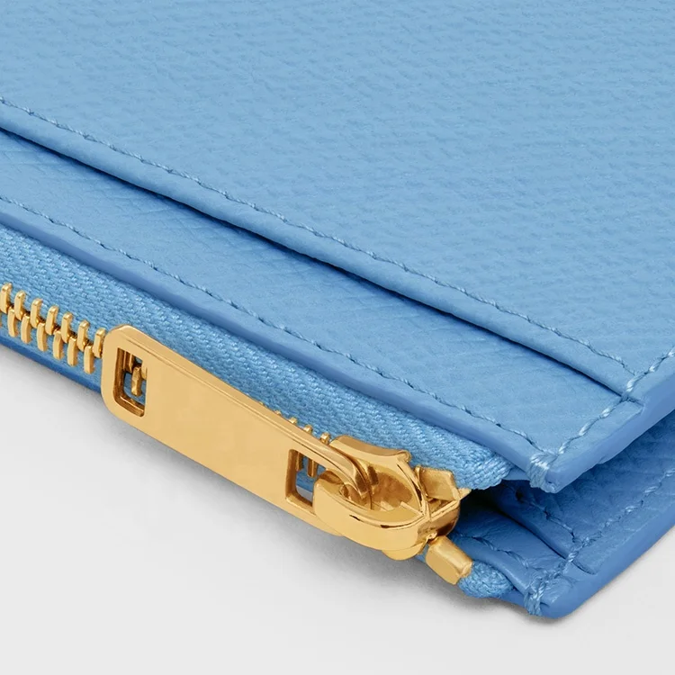 Custom Logo Grained Leather Zipped Card Holders Black Leather Small Zipped Women Cardholders with Three Card Slots