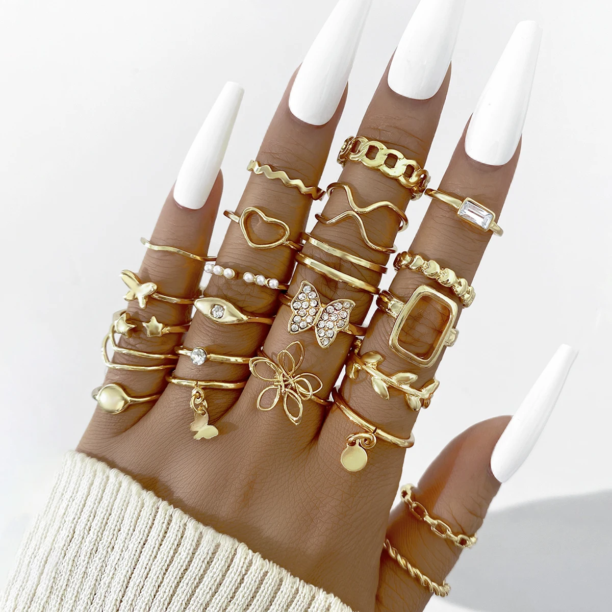 17KM Metal Gold Color Butterfly Ring Set Trendy Pink Crystal Stone Ring Women Fashion Bohemian Heart Animal Snake Rings Jewelry