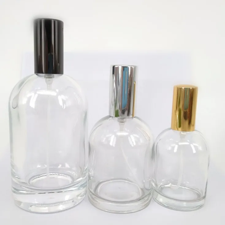 30ml 50ml 100ml clear stock round shape perfume glass bottle with crimp on aluminum fine mist sprayer
