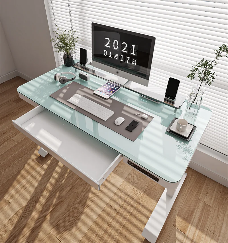 Home Office Height Adjustable Electrical Office Glass Table With Drawer Computer Sit Stand Desk