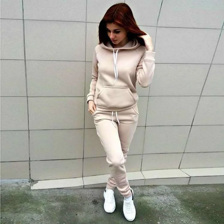 Womens Custom Tracksuits On Fleece Solid Color Hoodie Two Piece Pants Set For Women