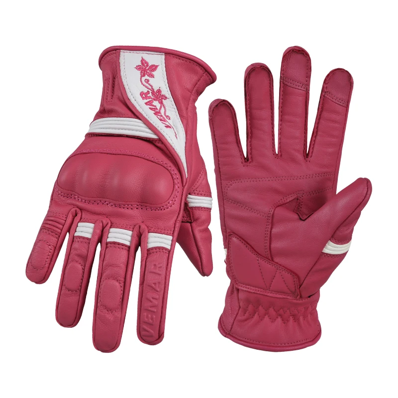 VEMAR Motorcycle Hand Racing Leather Lady Gloves Riding For Bike Motorcycle Pink Embroidery Touch Screen Gloves Women
