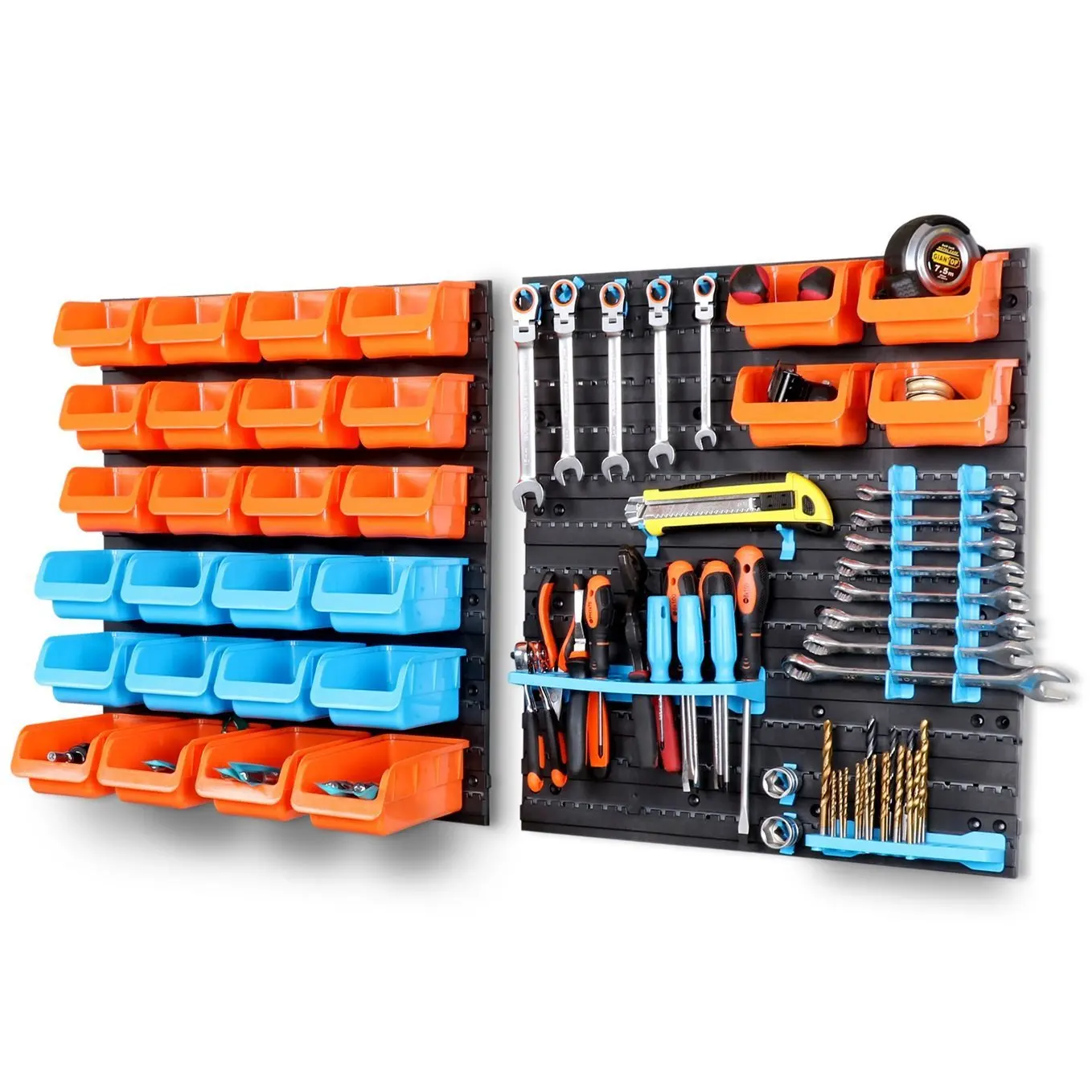 46 Piece Plastic Mounted Wall DIY Tool Workshop Storage Bin Board Set Garage with28 Boxes, 14 Tool Holding,  4 Back Boards