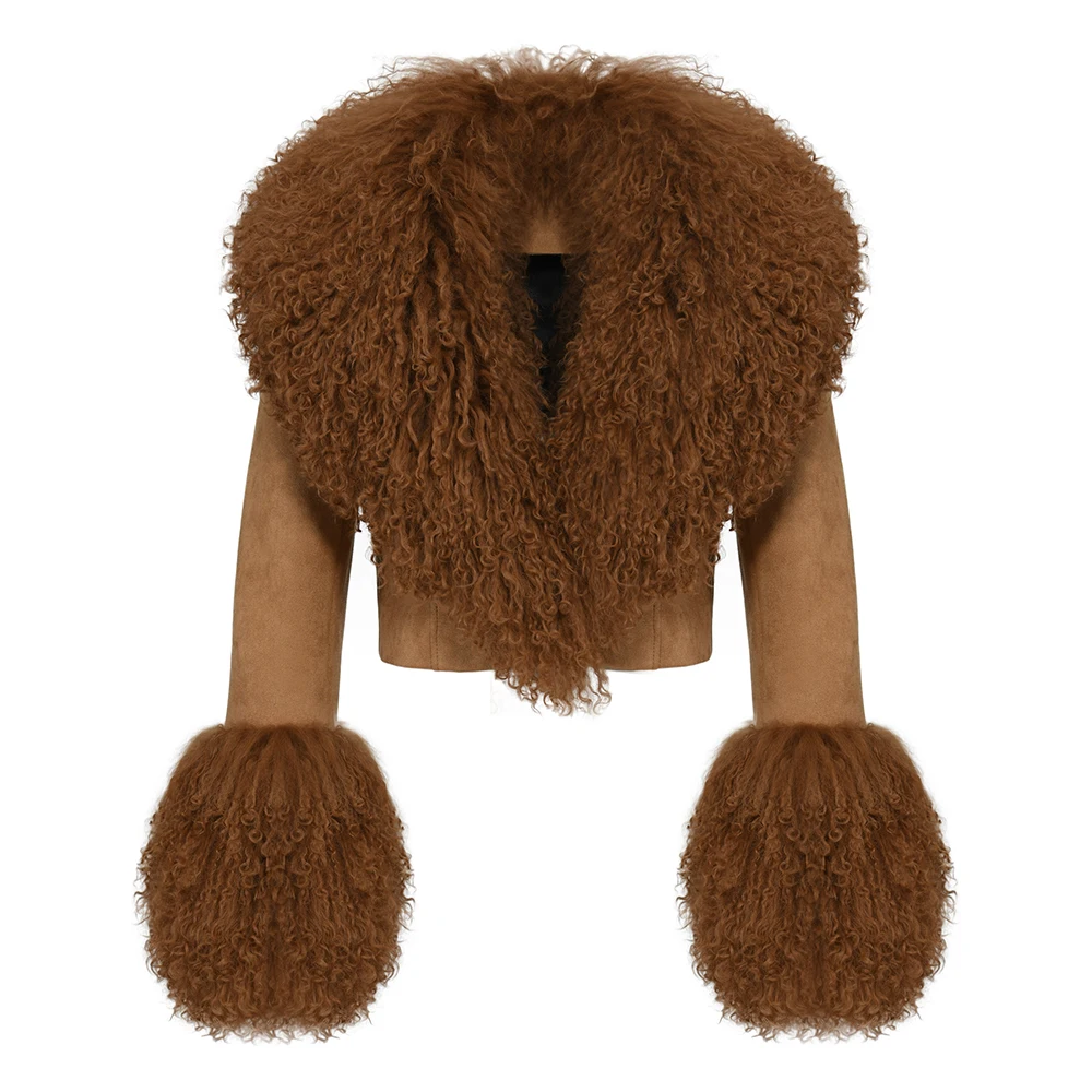 Full Sleeves Soft Women Genuine Sheepskin Coat Lamb Fur Collar Fall Winter OEM Custom Logo Cropped Real Sude Leather Jackets