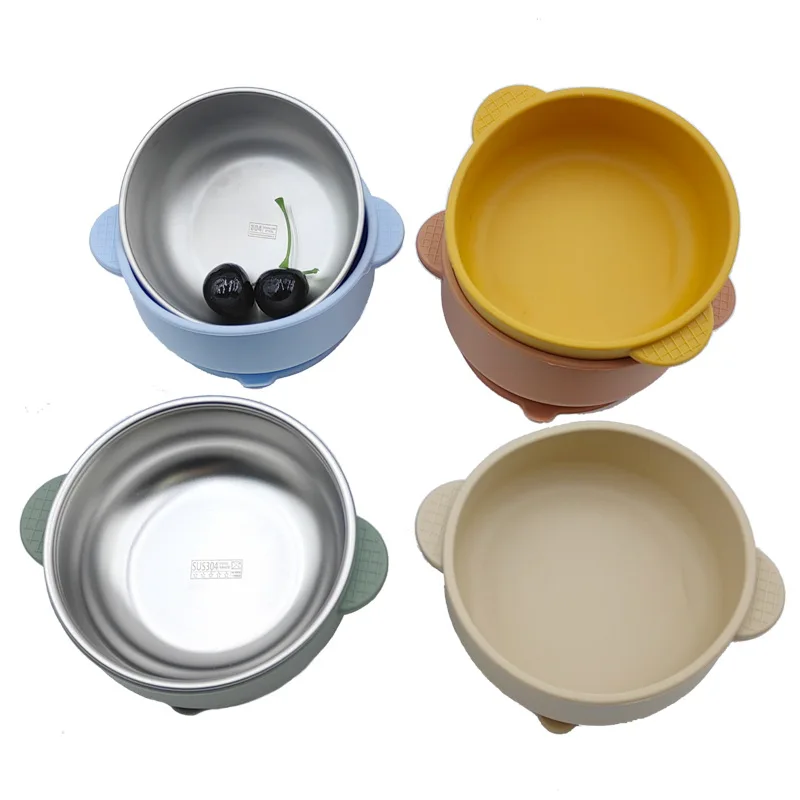 304 Stainless Steel Baby Bowls with Removable Silicone Shell Toddler Bowls Anti Scald Snack Container for Food Feeding