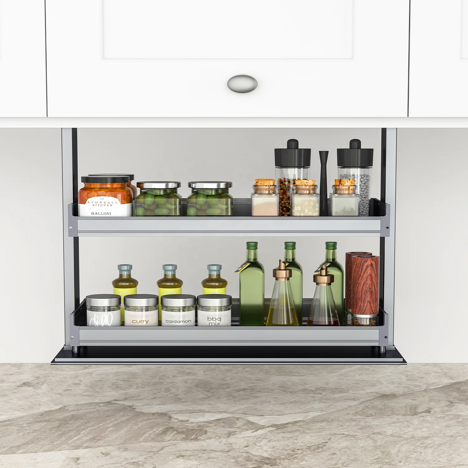 Customized modern home seasoning storage induction lift pull down kitchen cabinet large capacity stainless steel pull basket