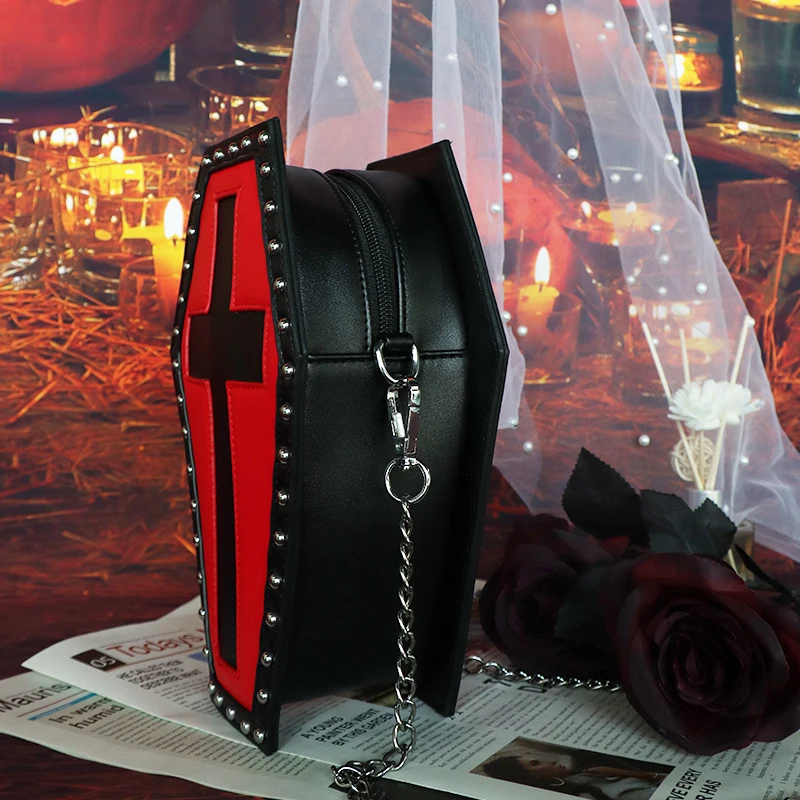 Gothic Coffin Shaped Handbag Vegan Pu Leather Custom Goth Cross Shoulder Bag