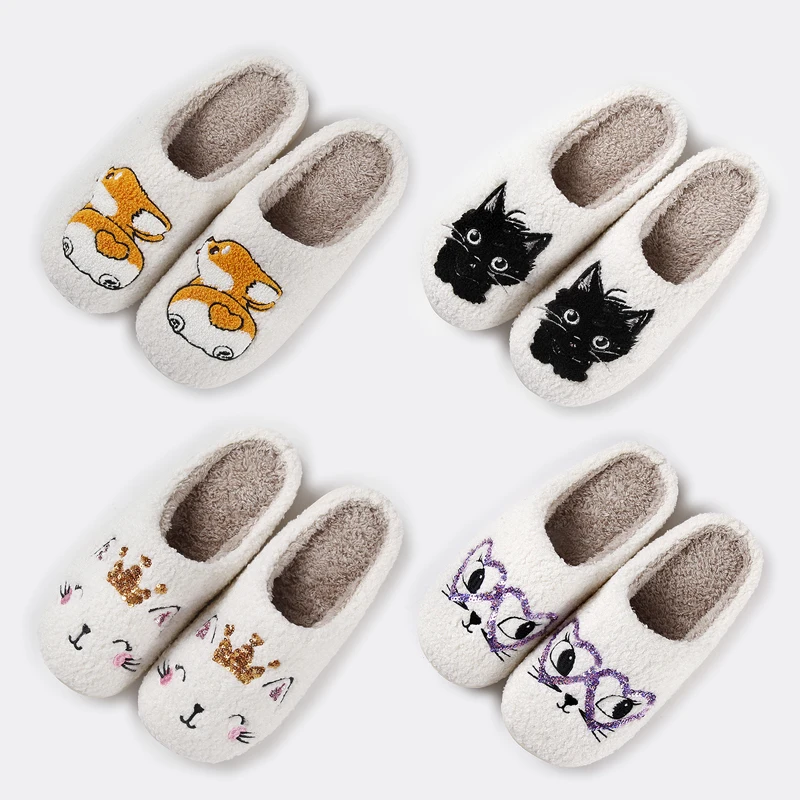 Wholesale Custom Animal Prints Cute fluffy fuzzy Linen Slippers Dog Cat plush Home Slides Ladies Winter Indoor Slipper