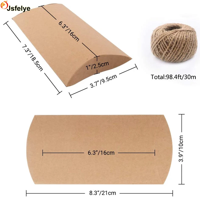 Kraft Pillow Gift Boxes with Jute Twines for Jewelry Candy Gift Packaging Wedding Present and Birthday Party Favor