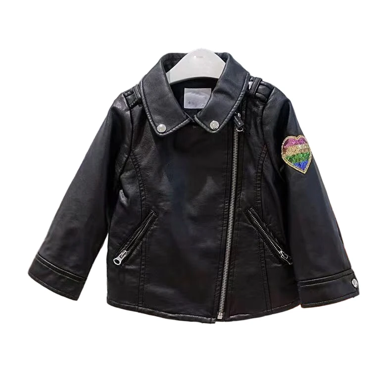 Kids Customized Sequin patches jacket black Leather Bomber Jacket for Girls