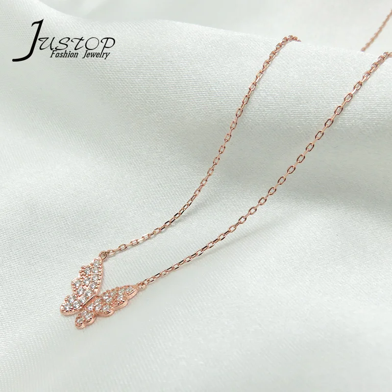 French design vogue charms Real 925 sterling silver jewelry pink gold pendant chain butterfly necklaces with zircon