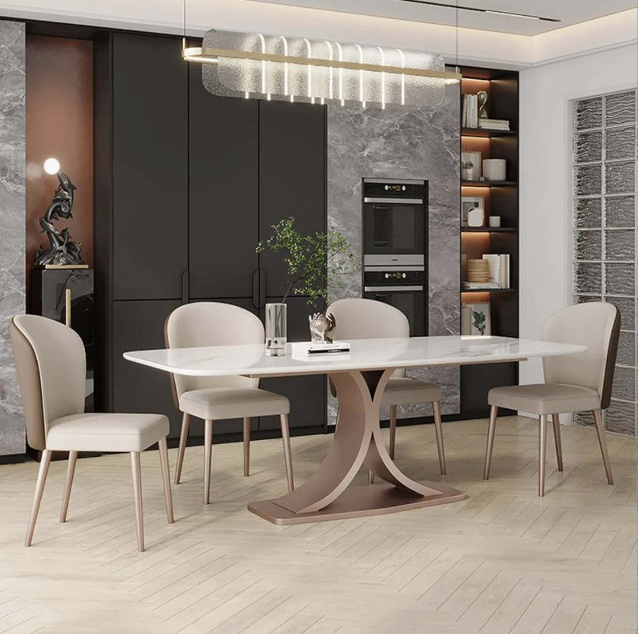 Luxury Modern 6-Seater Dining Table Set with 6 Chairs Sinered Stone 3D Model Design Full Dining Table with Big Slab Stone