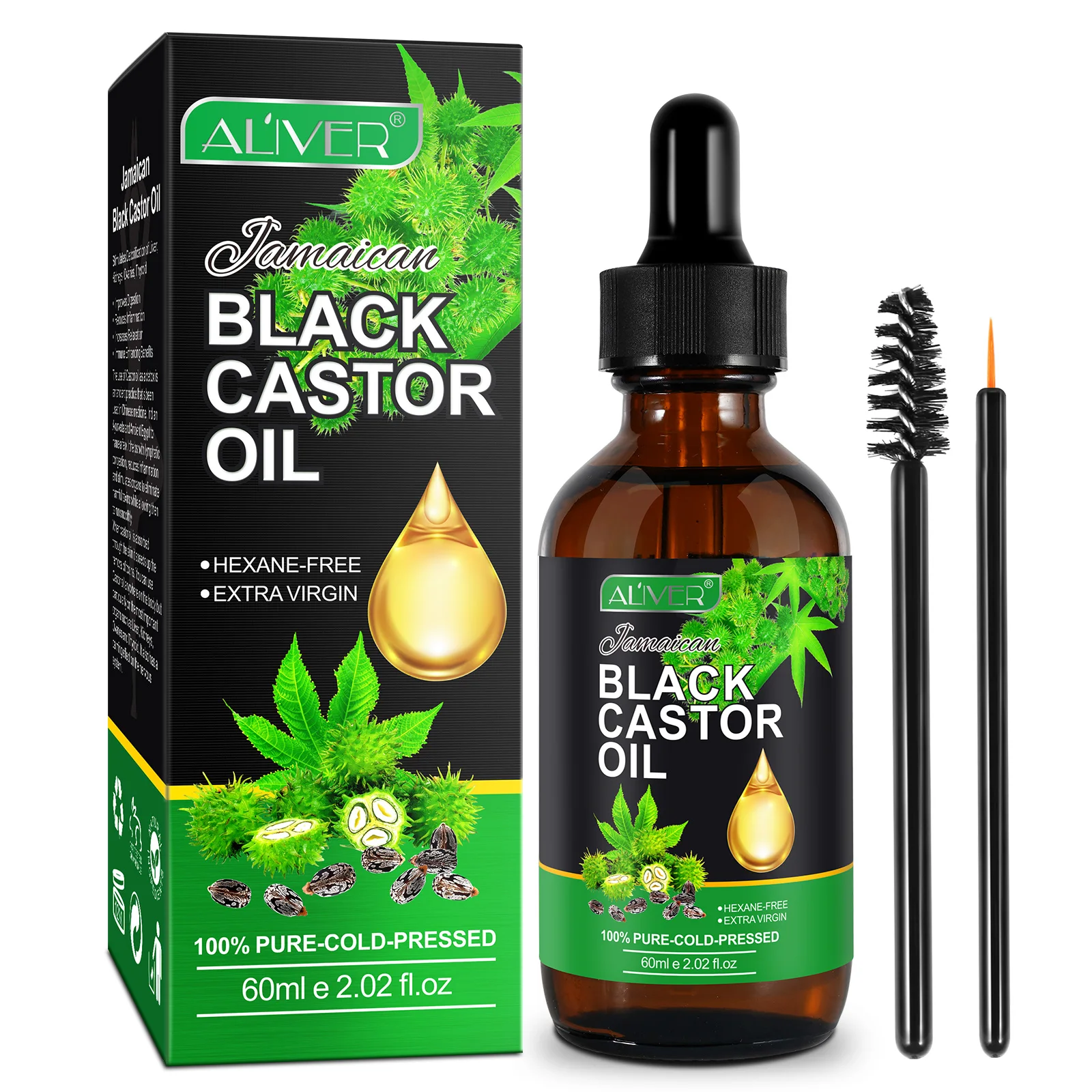 ALIVER Hot Sale 60ml Organic Jamaican Black Castor Oil 100% Pure Cold Pressed Body Massage Oils For Castor Oil Pack Wrap