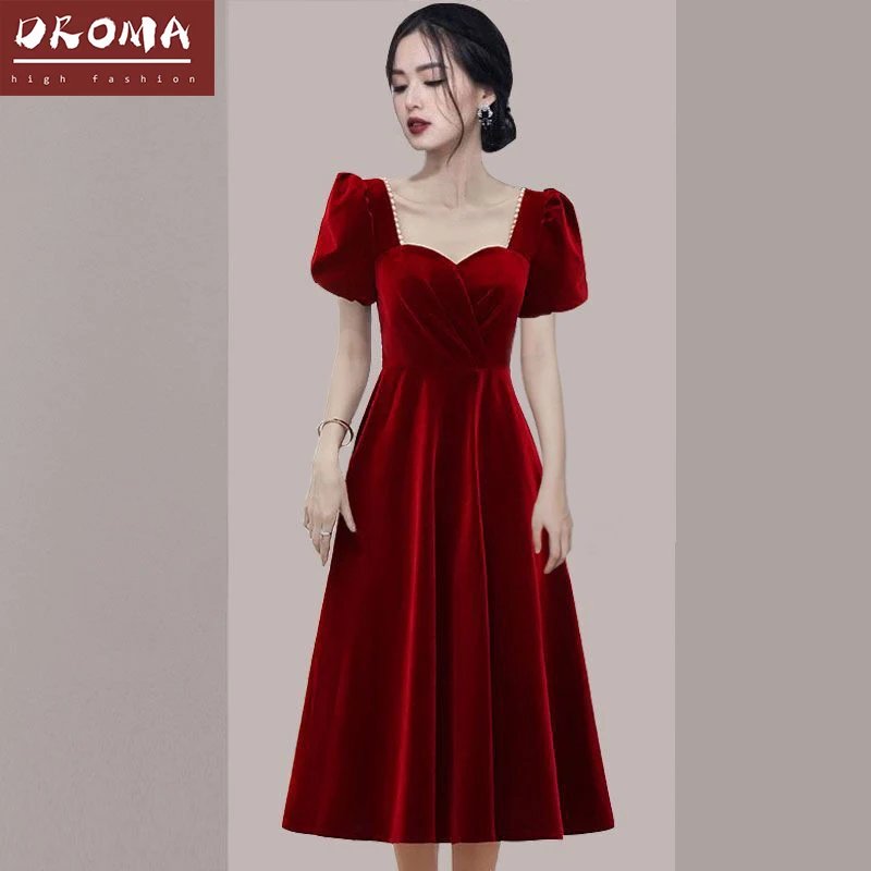Droma wholesale in stock custom made french style fashion long sleeve velvet evening dresses women velvet dress