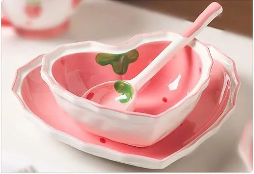 Heart Shape Salad Bowl Sushi Dishes Ceramic Dessert Plate Cute Strawberry Fruit Appetizer Serving Bowl