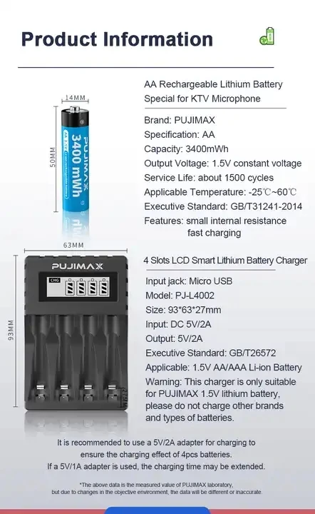 PUJIMAX rechargeable 4 slots aa lithium battery charger 1.5v li ion battery charger aa battery set with 8pcs 1.5v aa 3400mwh