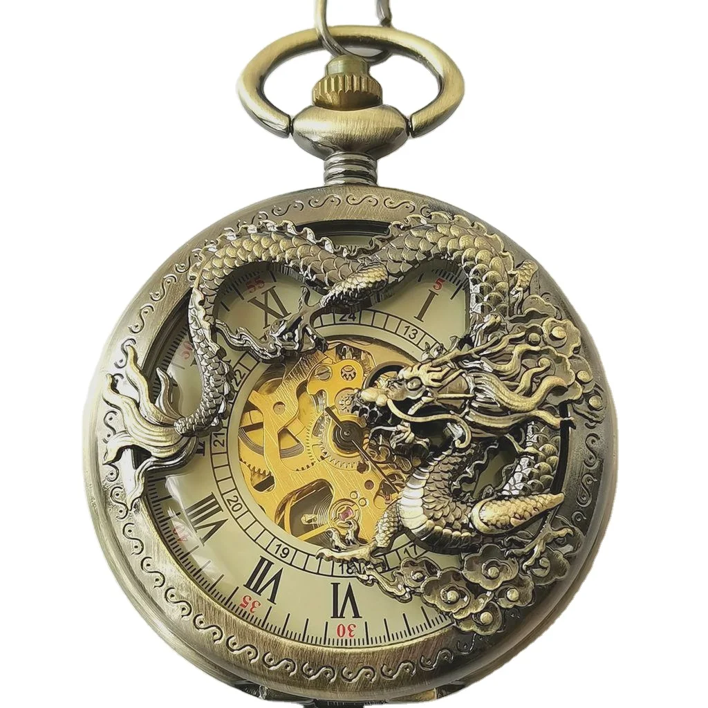 Wholesale Vintage Half Dragon Stainless Steel Hollow Mechanical Pocket Watch