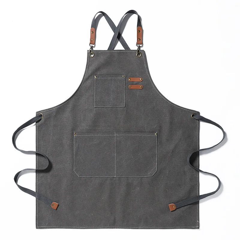 LOW MOQ Canvas apron Custom logo Kitchen Korean Japanese style Canvas cotton apron men with tool pockets cooking restaurant bibs