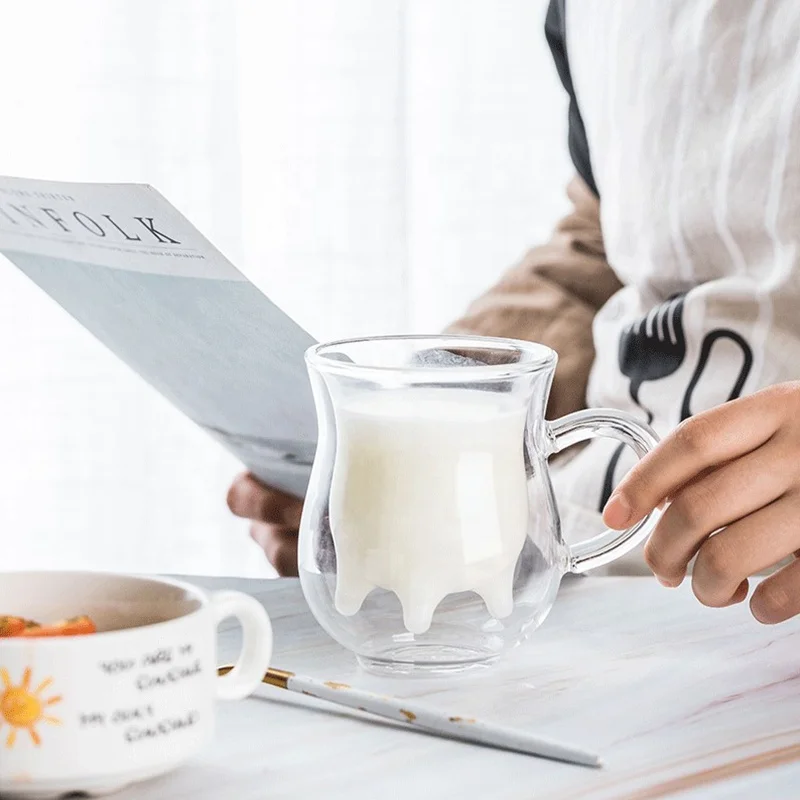 Cute cups heat resistant double wall glass creative mug milk bottle dairy cow milk glass cups coffee mug 250ml