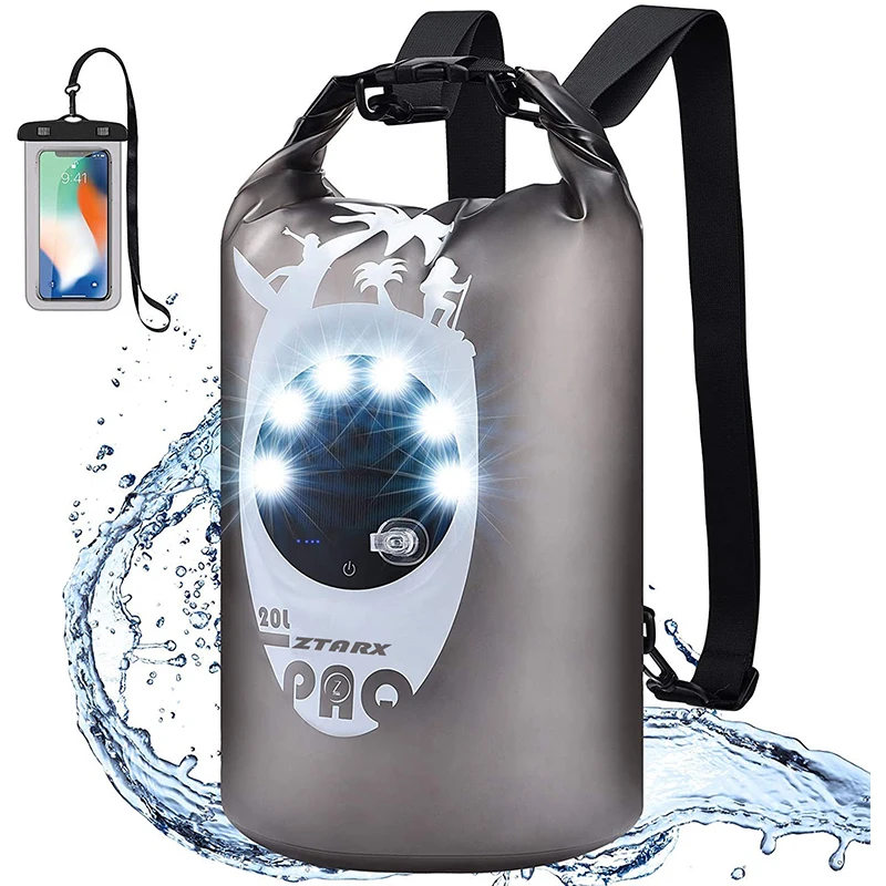 Waterproof camping Dry Bag solar LED lights roll top Outdoor backpack IP66 Beach 20L custom with Solar panel