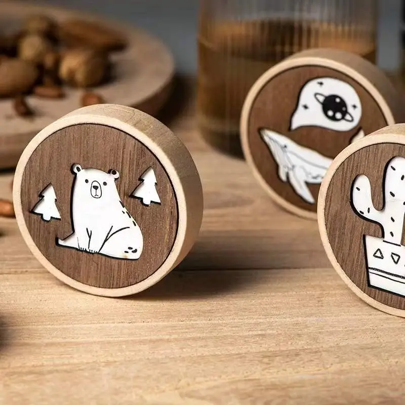 Beer Bottle Opener, Funny Wooden Magnetic Fridge Magnet,Round Wooden Bottle Openers Engraved Patterns For Home Kitchens Bars