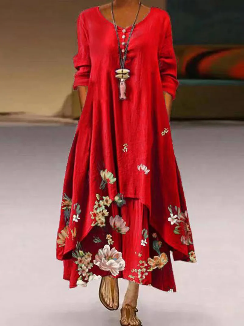 Wholesale Women Printing Colour Long Sleeve O Neck Casual Elegant Irregular Plus Size Maxi Dress Ladies